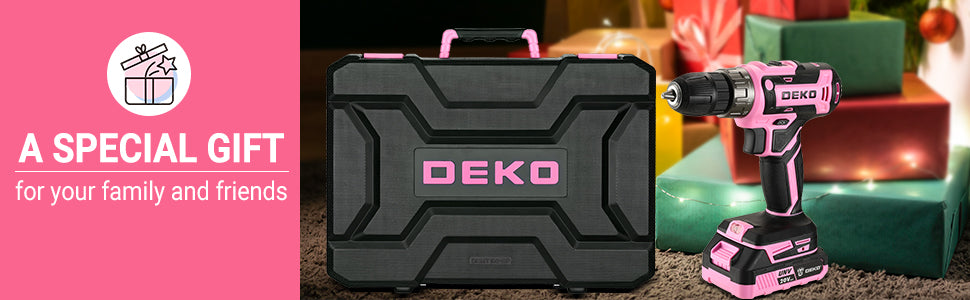 DEKO Pink Drill Tool Kit Set: 20V Cordless Power Drill Tool Box with Battery Electric Drill Driver