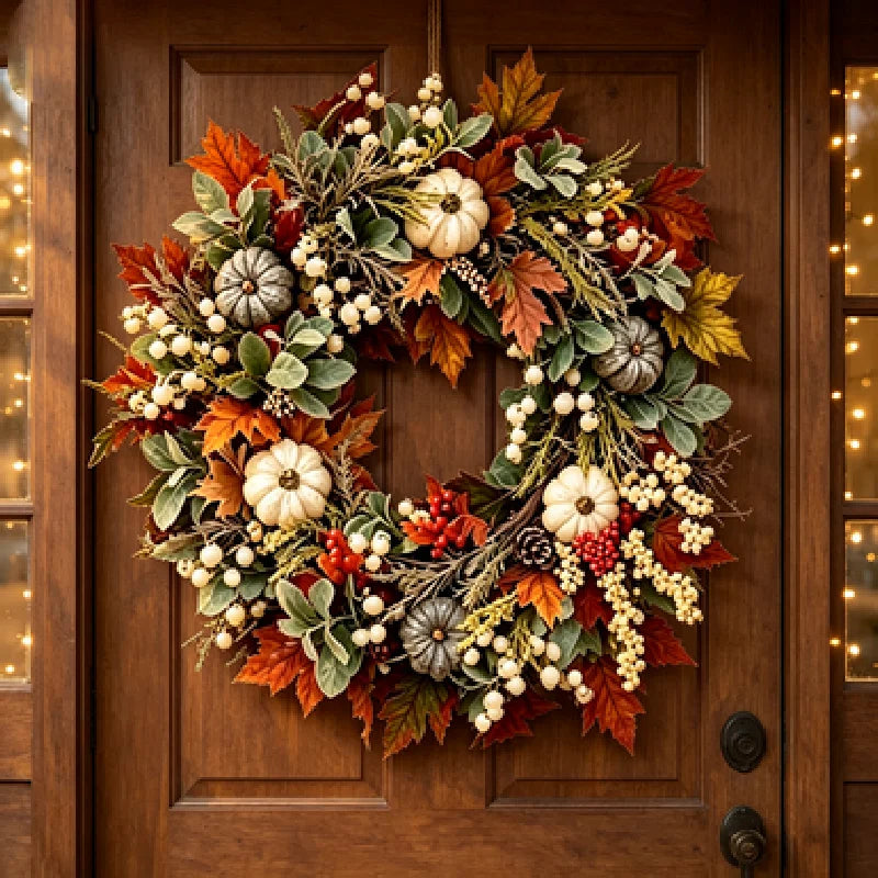 Autumn Harvest Wreath With Pumpkins Pinecones Maple Leaves