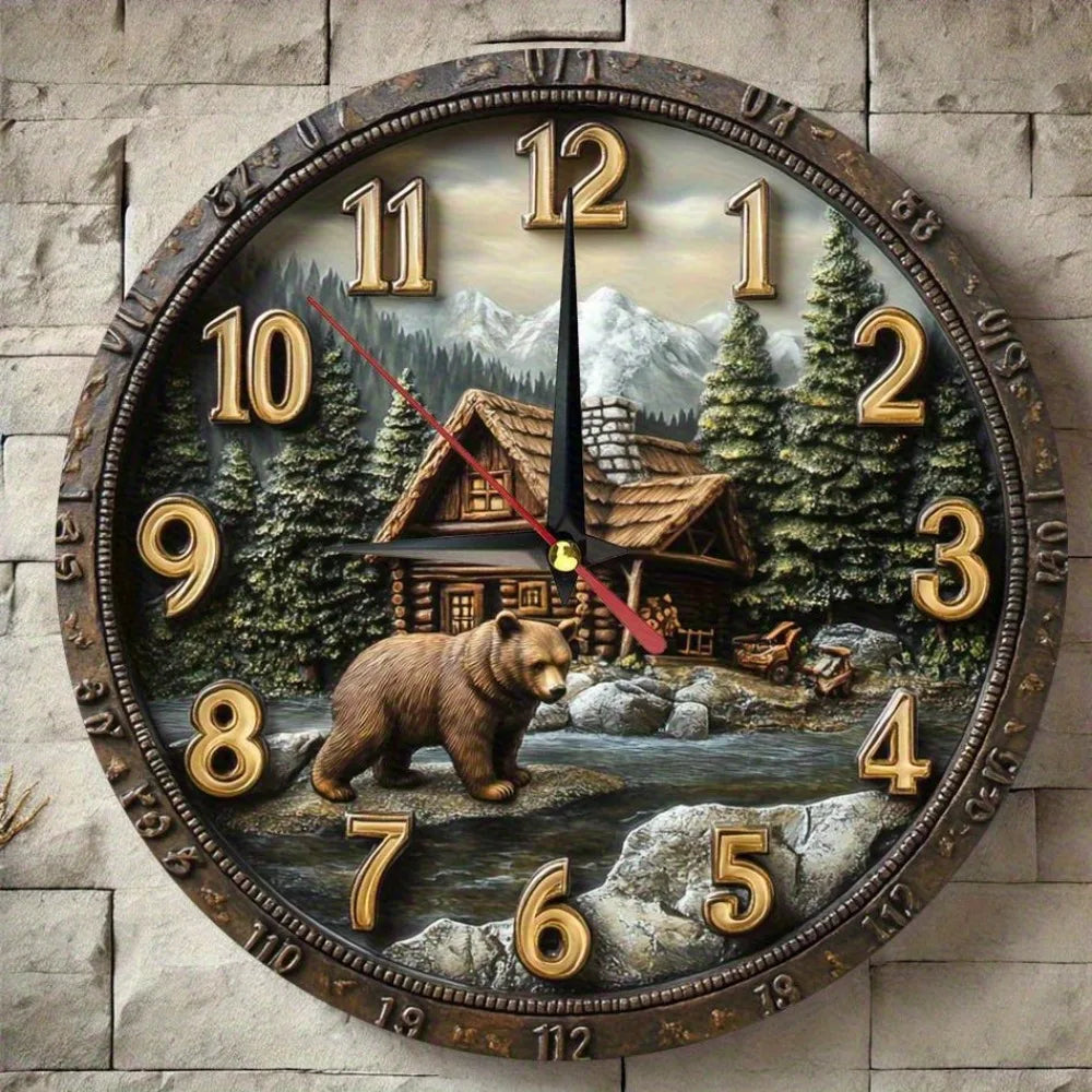 XMSJ Rustic Farmhouse Wall Clock With Bear Cabin Design Quartz