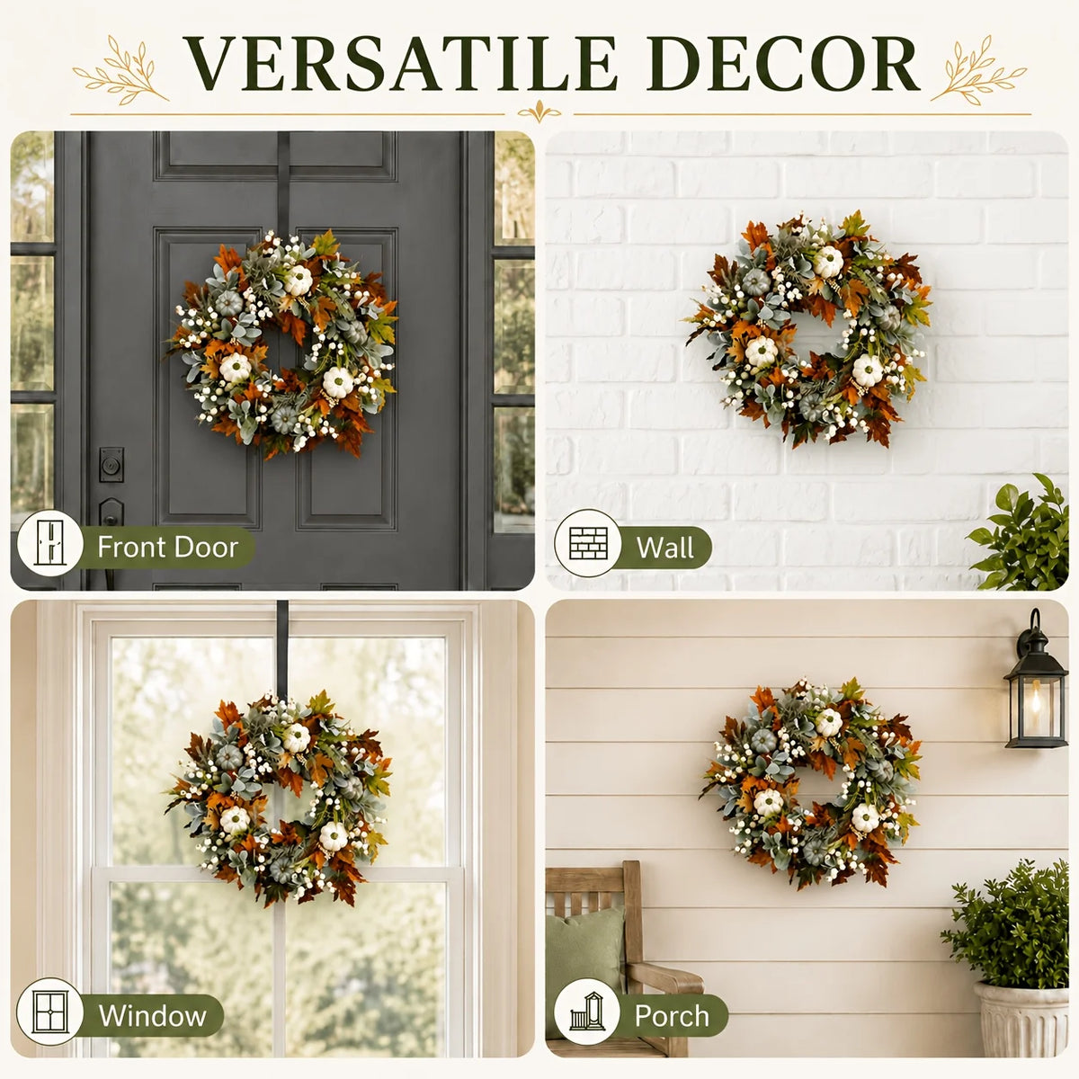 Artificial Peony And Pumpkin Wreath For Front Door Decor