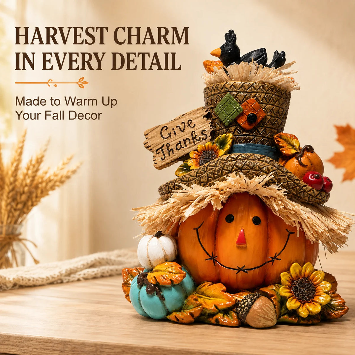 Hodao Thanksgiving Harvest Scarecrow Figurine With Give Thanks Sign
