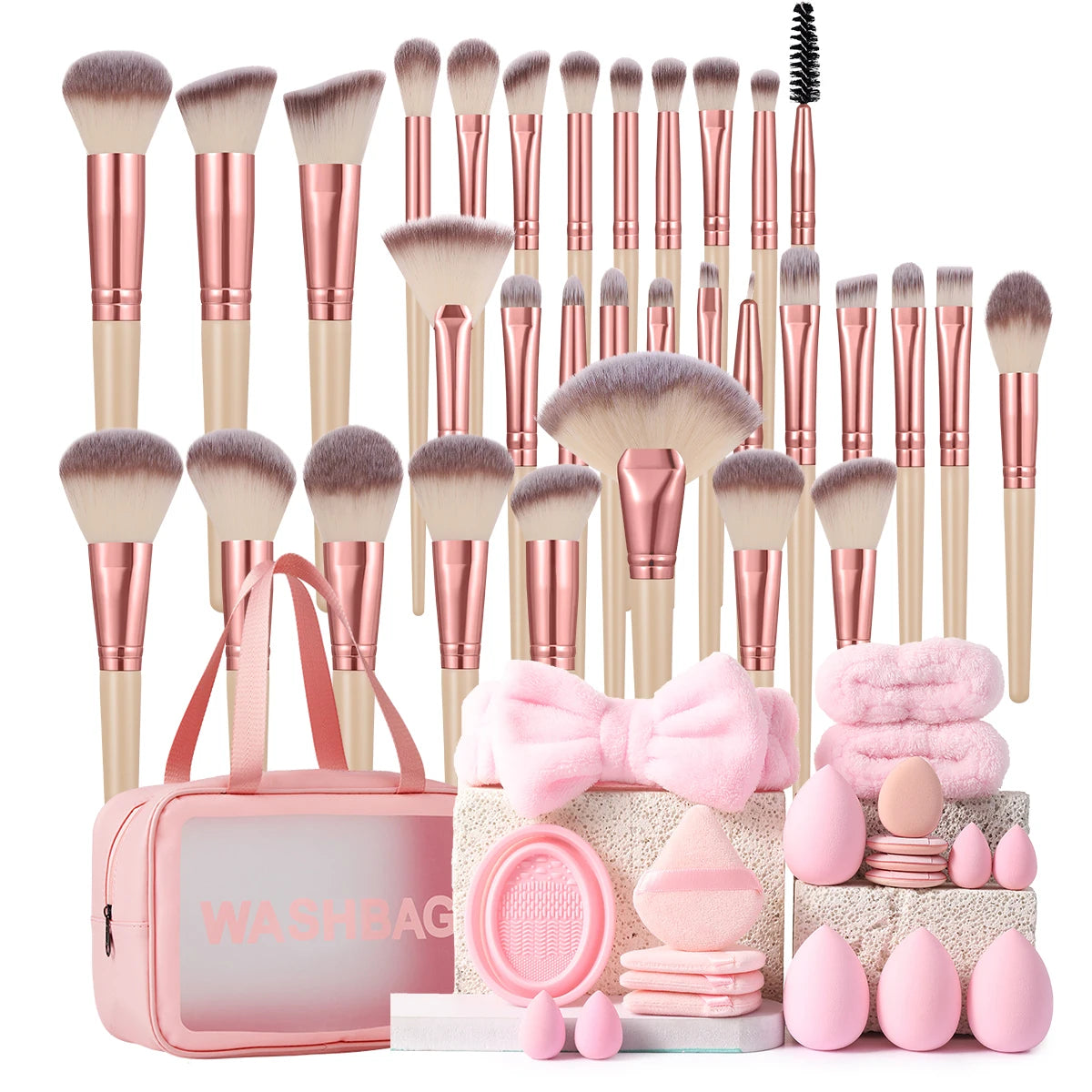 Complete Makeup Brush Set Sponges Powder Puffs And Cosmetic Bag