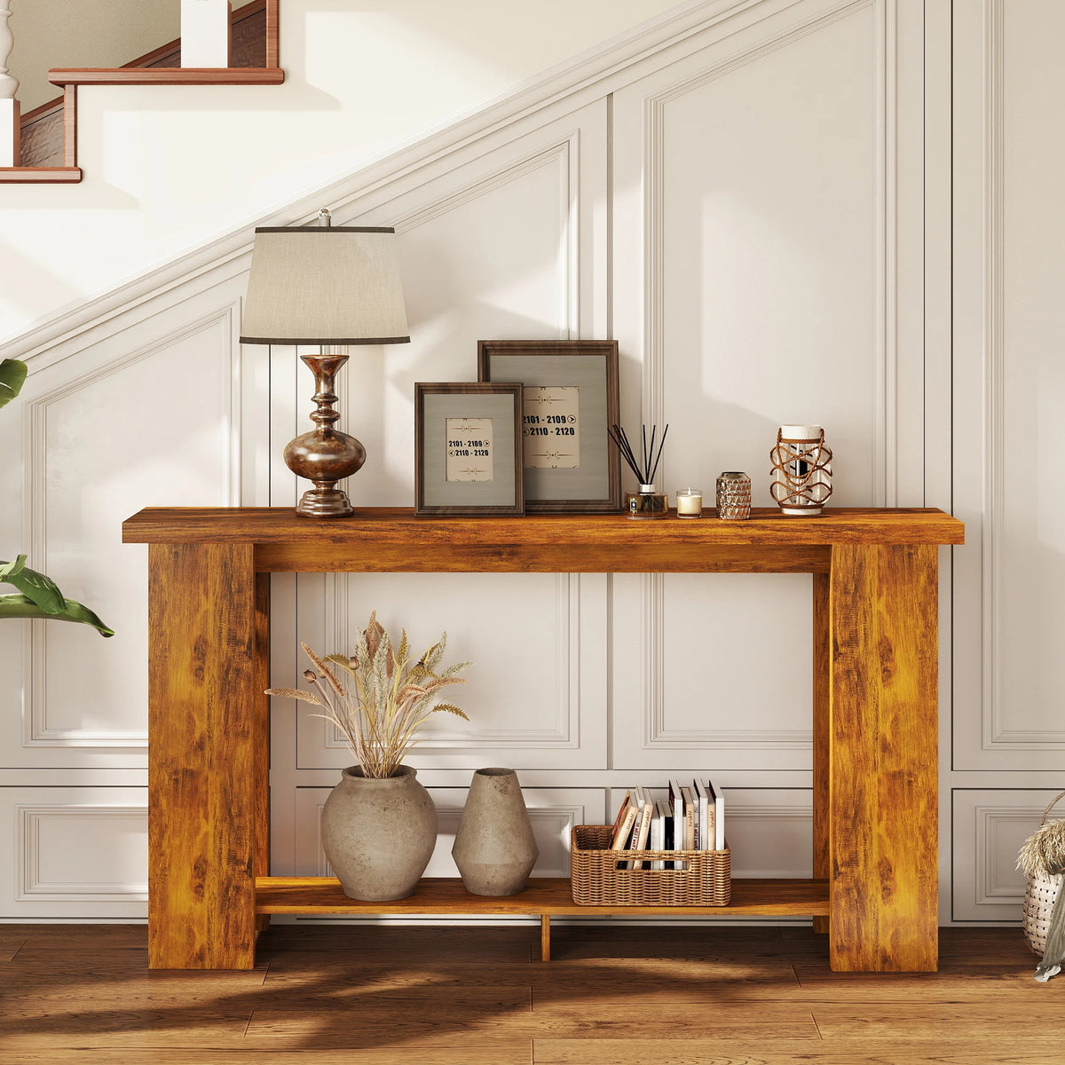 Wooden Entryway Console Table With Storage Shelf Farmhouse Style