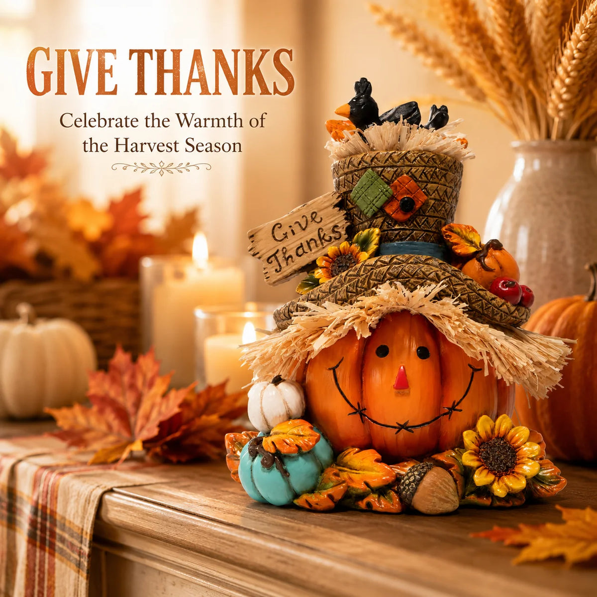 Hodao Thanksgiving Harvest Scarecrow Figurine With Give Thanks Sign