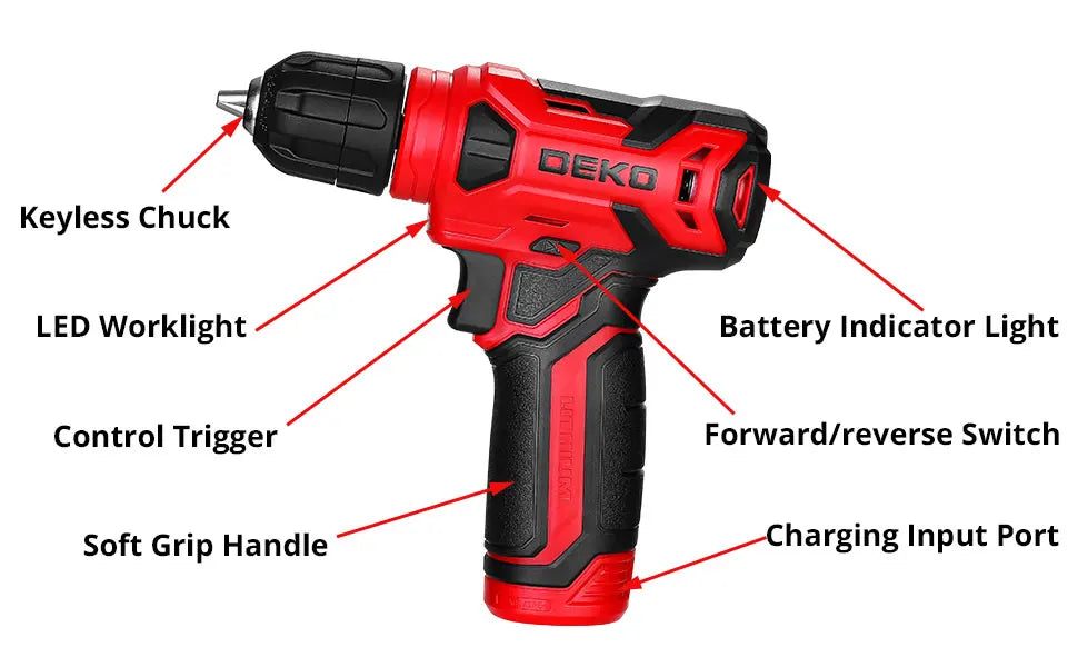 DEKO Drill Set Tool Set with 8V Red Cordless Drill, Home Tool Kit with Drill, Hand Tool Kits for Women 126 Piece