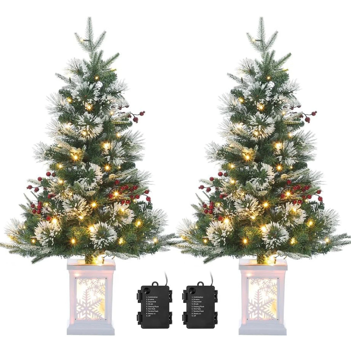 Pre-Lit Artificial Christmas Trees With Potted Bases, 8 Lighting Modes