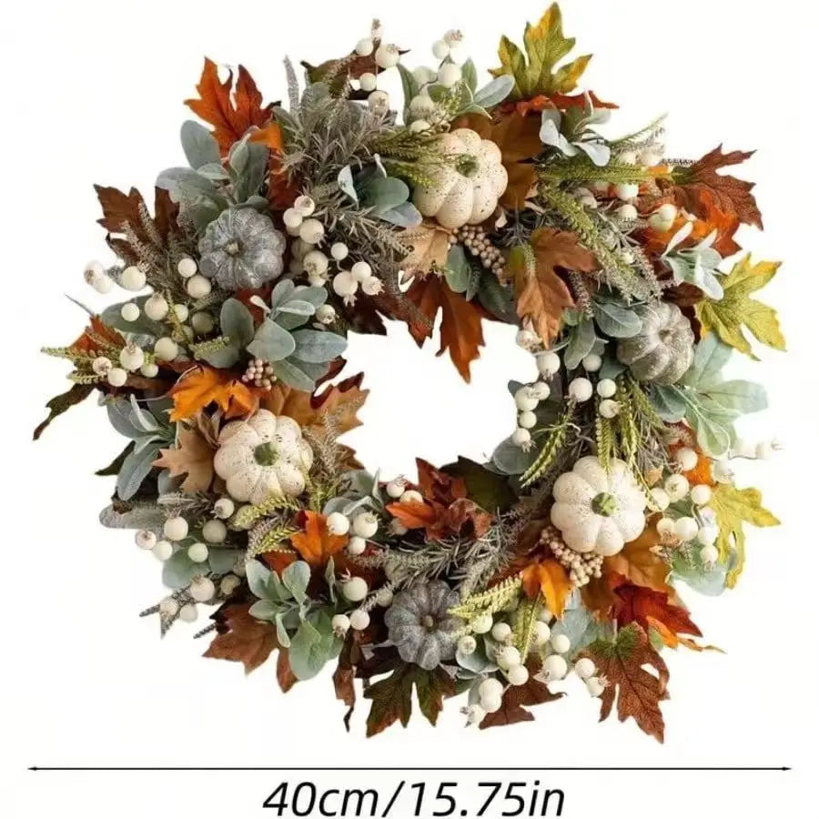 Autumn Harvest Wreath With Pumpkins Pinecones Maple Leaves