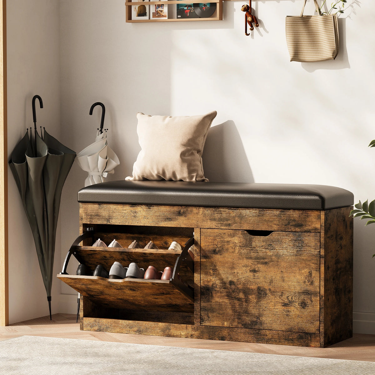 Shoe Storage Bench with Lift Top, 2 Flip Drawers & Padded Seat Cushion - Entryway, Hallway, Living Room Shoe Organizer Cabinet