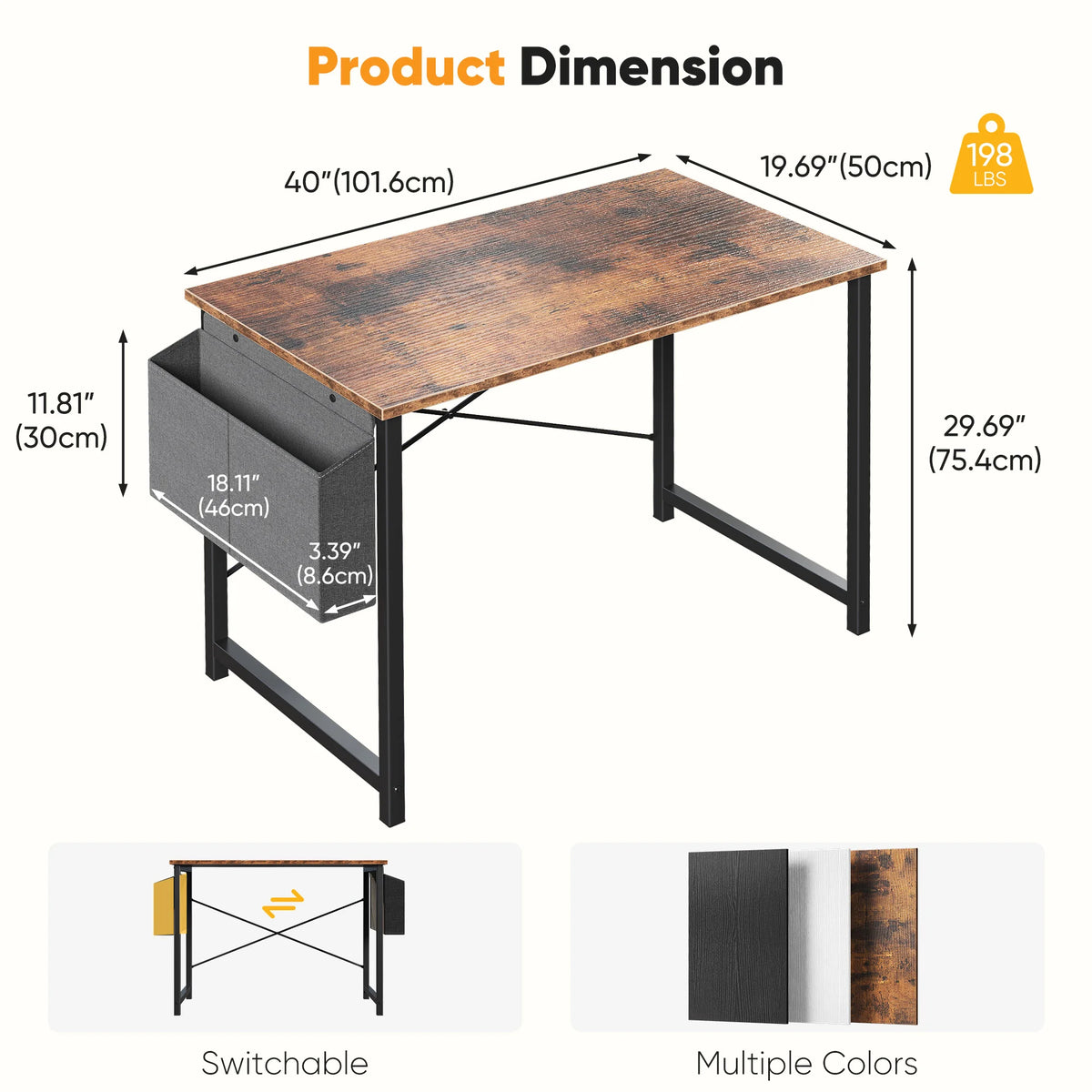 JHK Computer Desk With Storage Bag Metal Frame Wood Tabletop