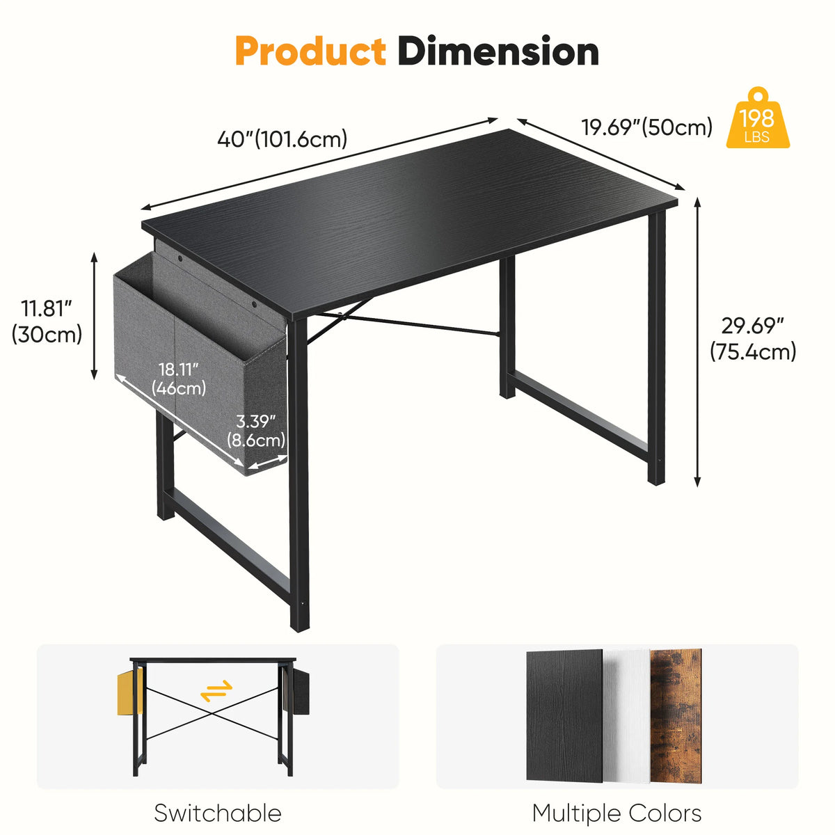 JHK Computer Desk With Storage Bag Metal Frame Wood Tabletop