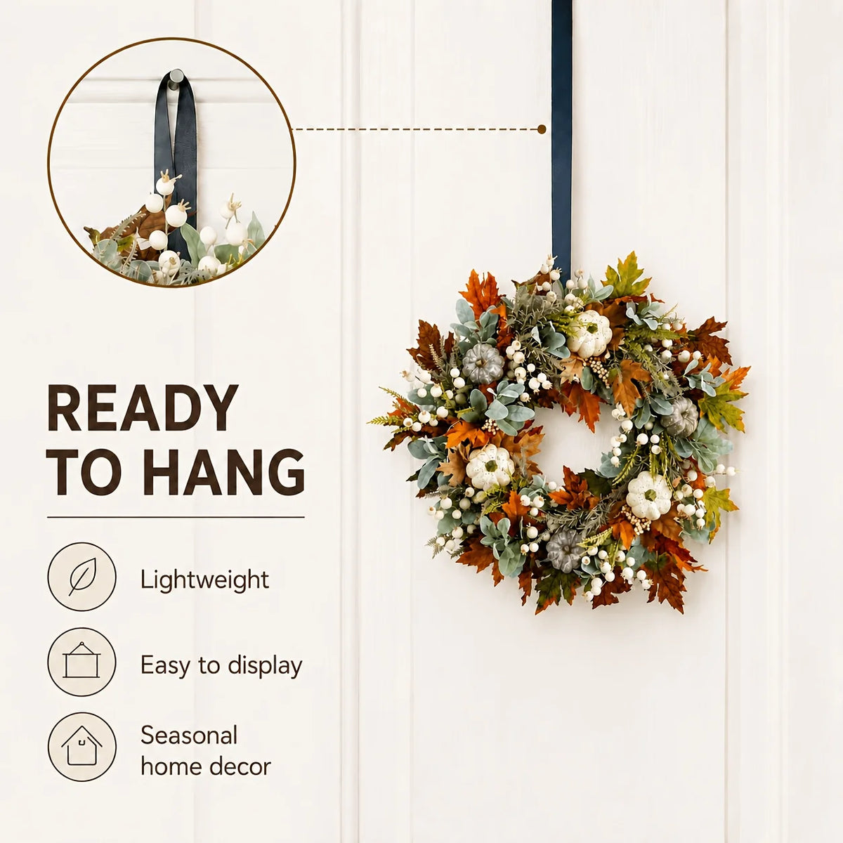 Artificial Peony And Pumpkin Wreath For Front Door Decor