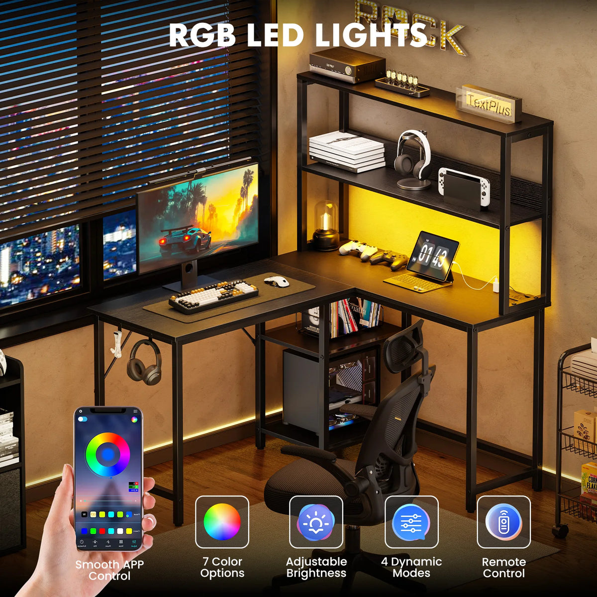 JHK Reversible L Shaped Gaming Desk With LED Lighting