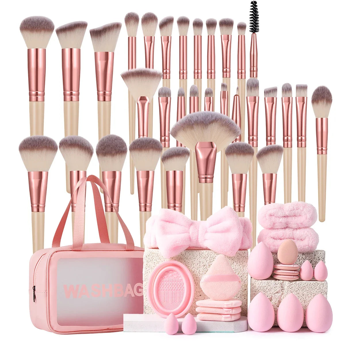 Complete Makeup Brush Set Sponges Powder Puffs And Cosmetic Bag