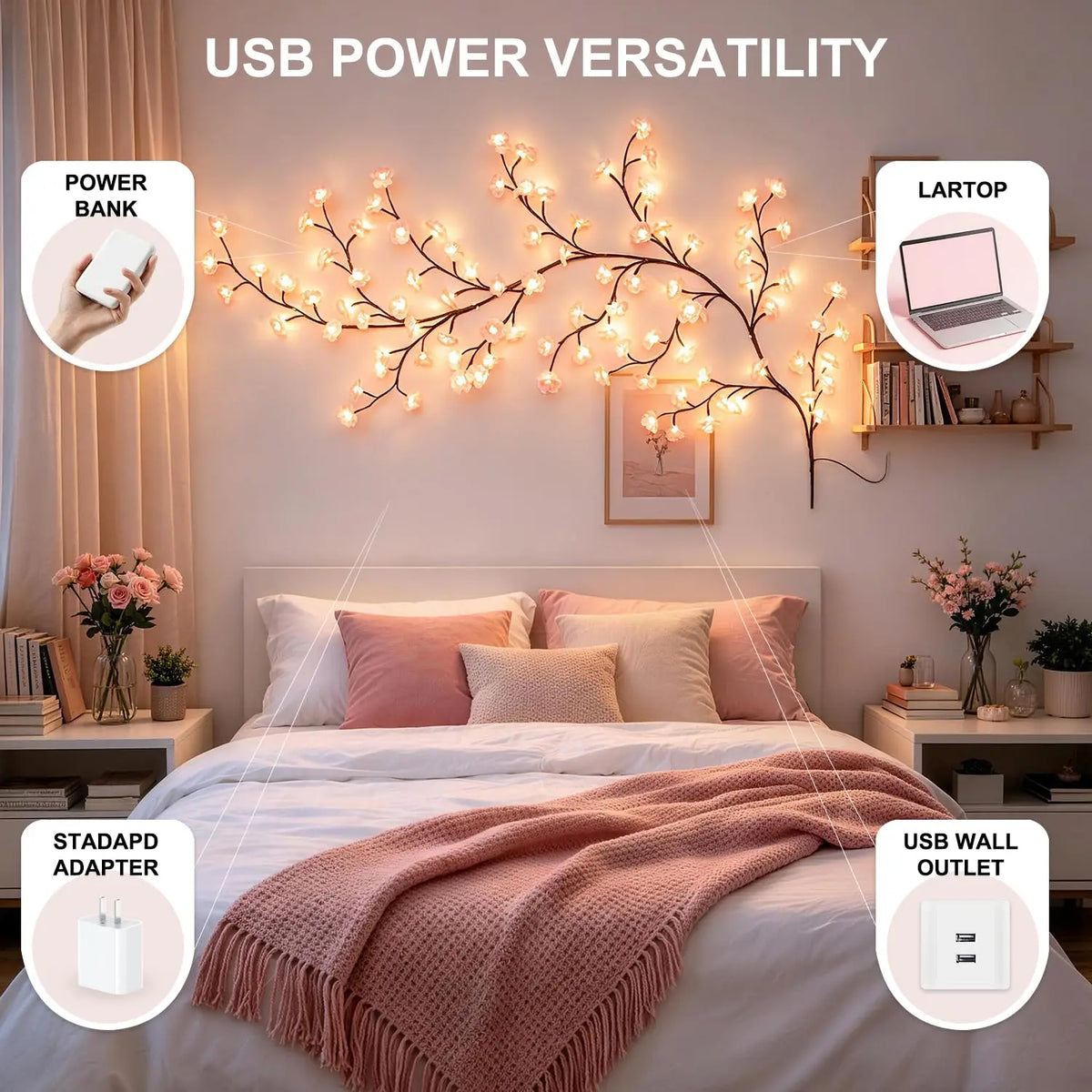 Cherry Blossom Vine Lights With Remote Timer For Room Decor