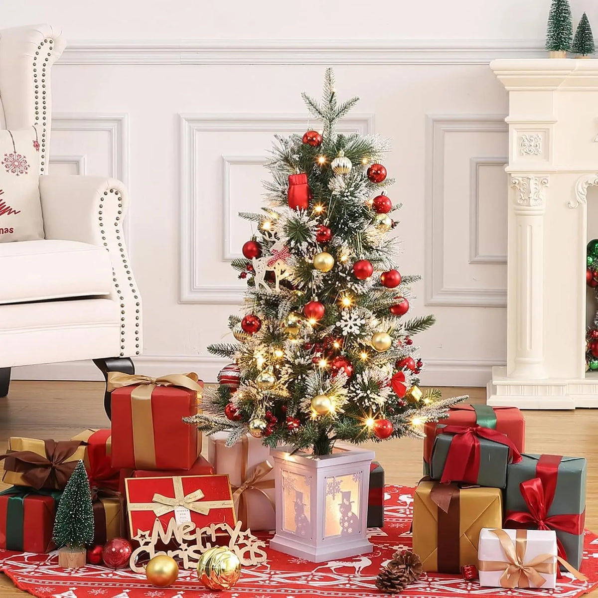 Pre-Lit Artificial Christmas Trees With Potted Bases, 8 Lighting Modes