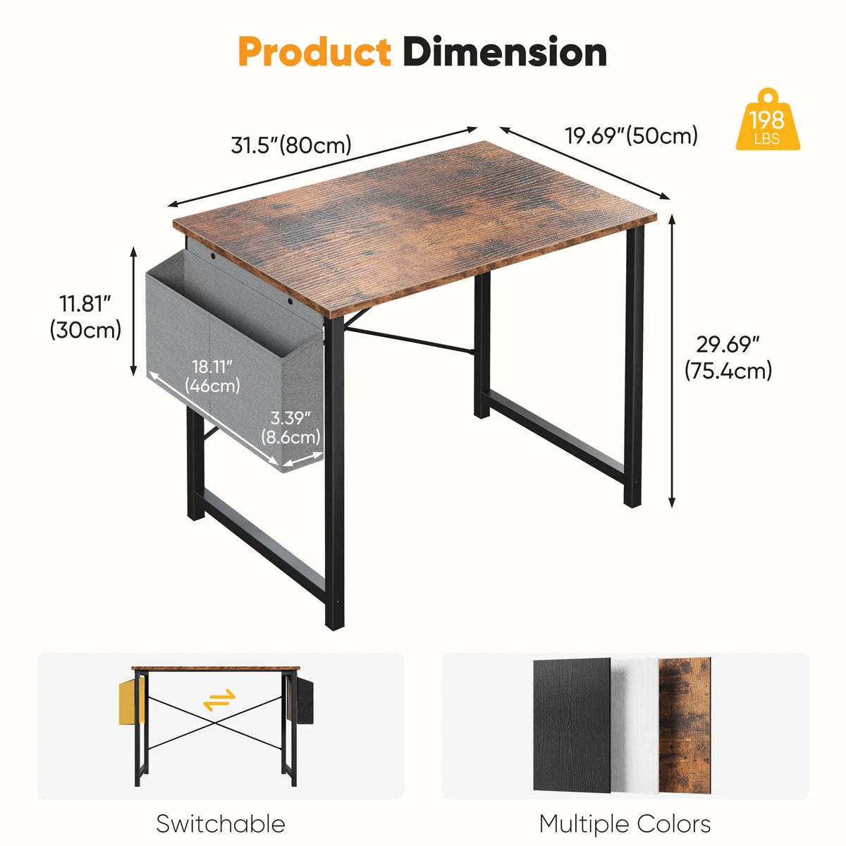 JHK Computer Desk With Storage Bag Metal Frame Wood Tabletop