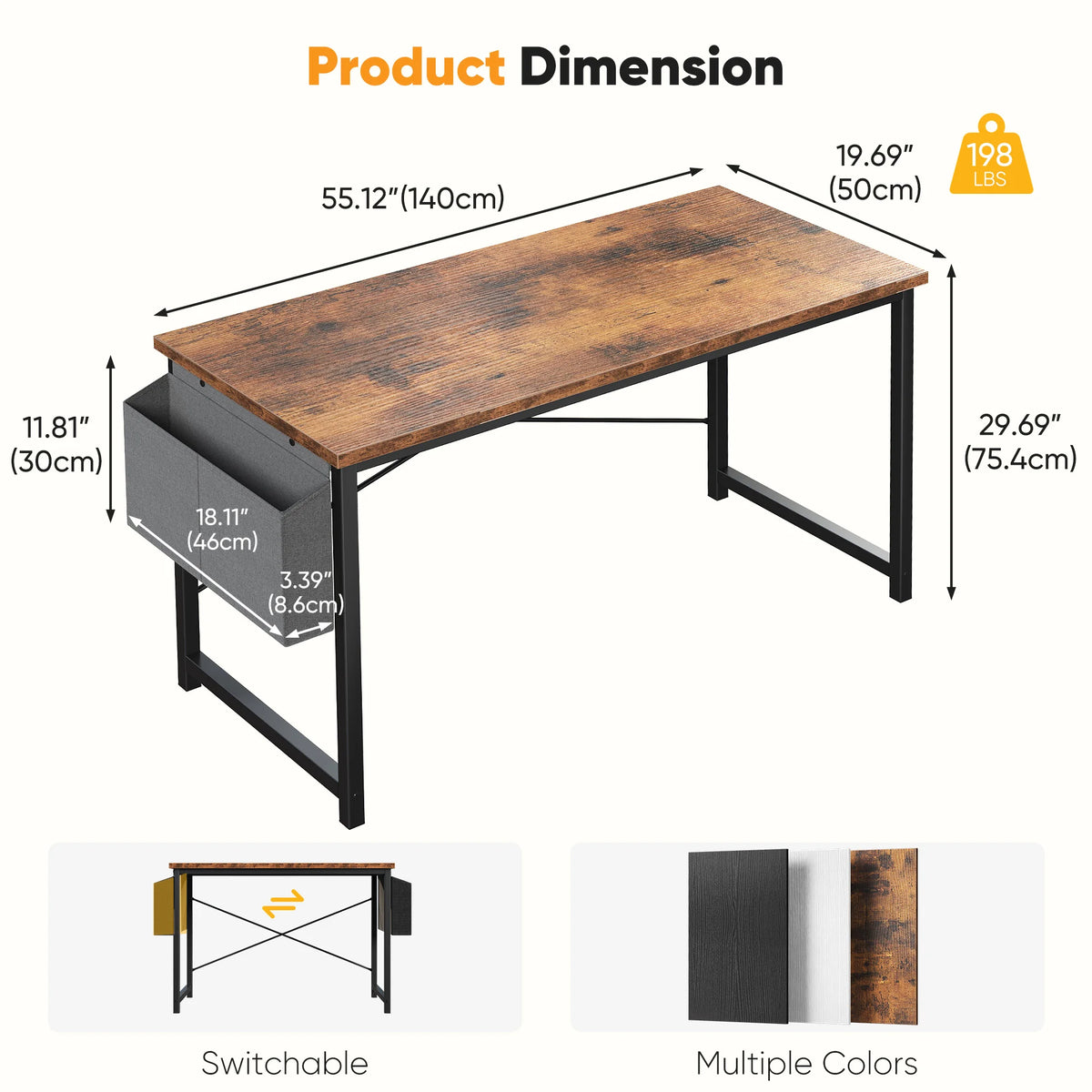 JHK Computer Desk With Storage Bag Metal Frame Wood Tabletop