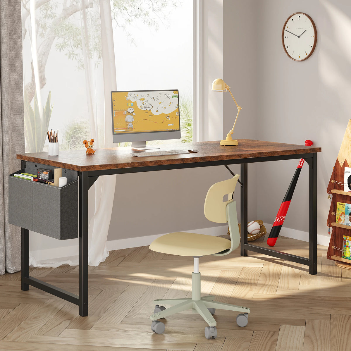 JHK Computer Desk With Storage Bag Metal Frame Wood Tabletop