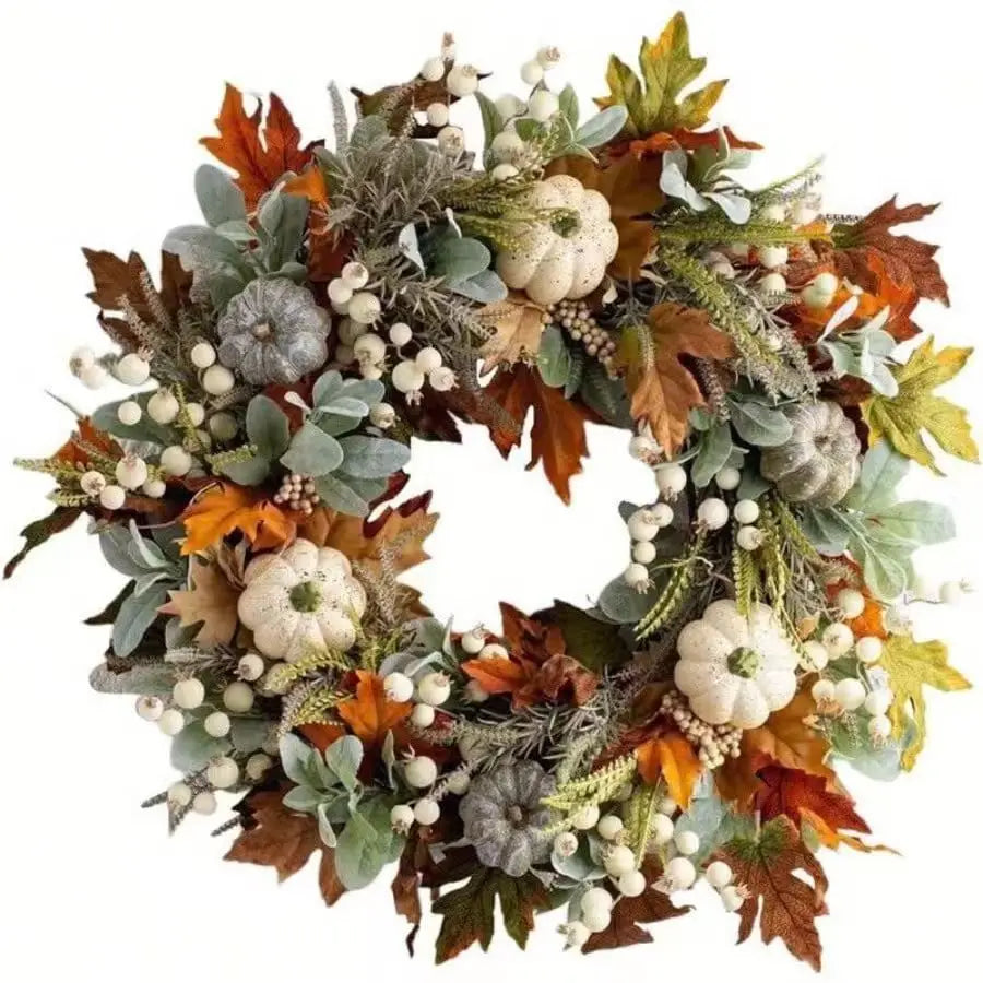 Autumn Harvest Wreath With Pumpkins Pinecones Maple Leaves