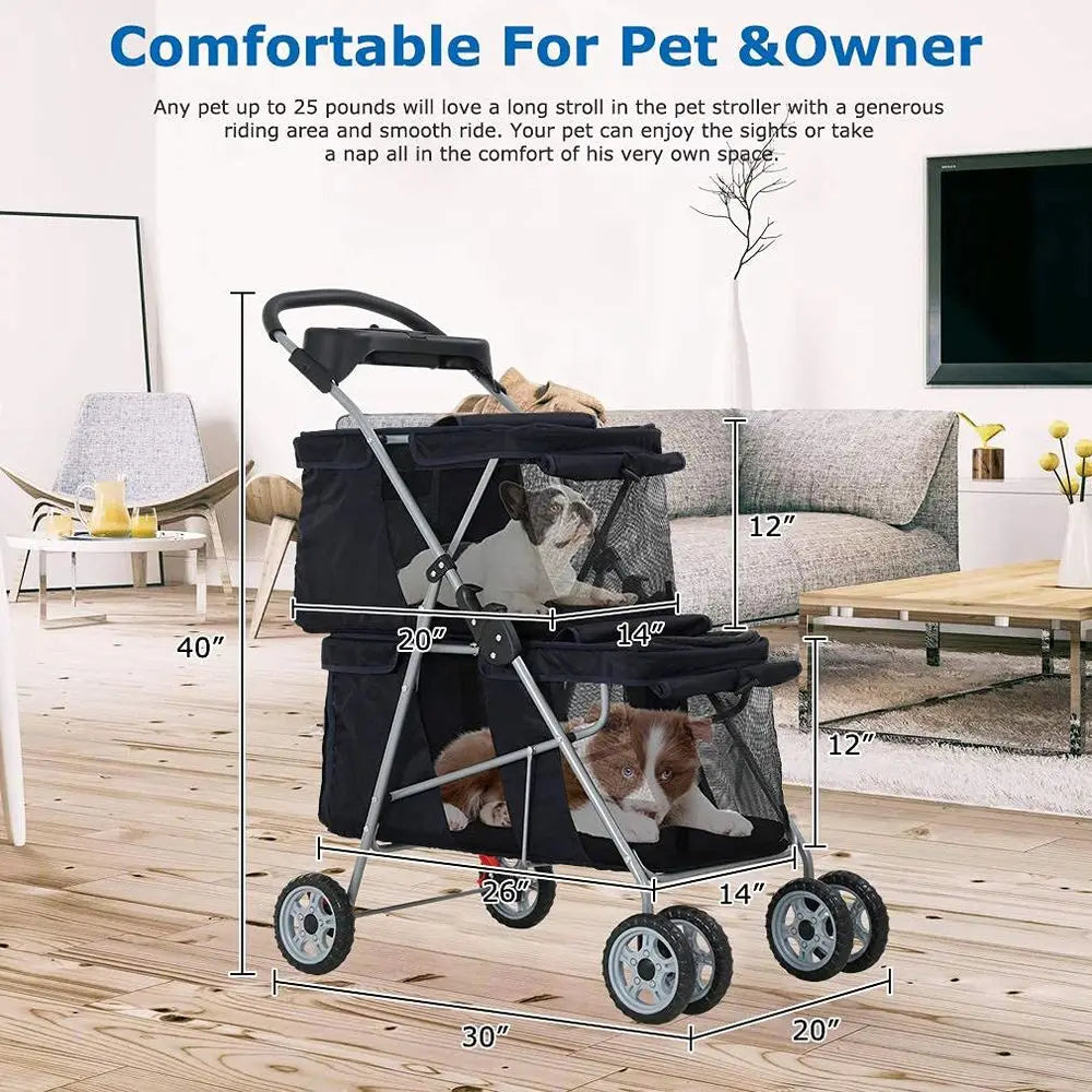 Durable Foldable Double Pet Stroller For Small Medium Dogs And Cats