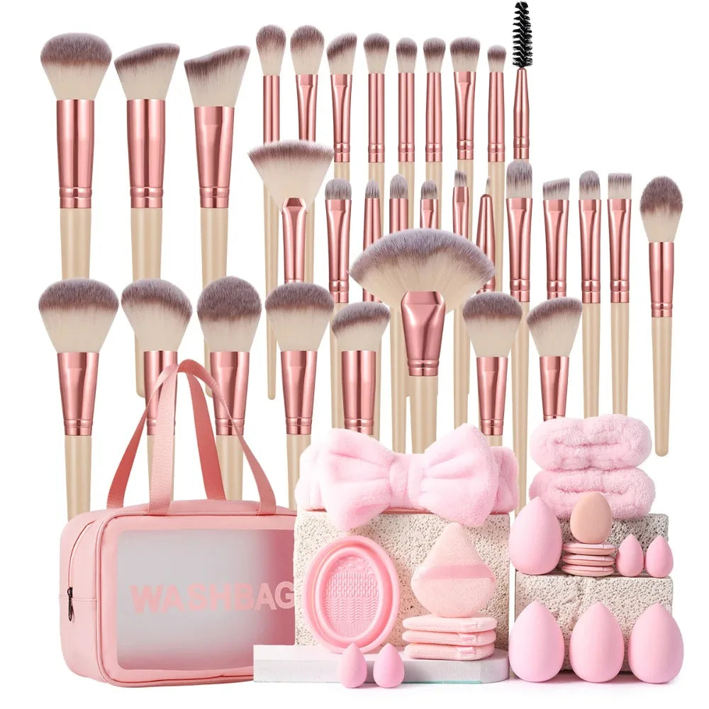 Complete Makeup Brush Set Sponges Powder Puffs And Cosmetic Bag