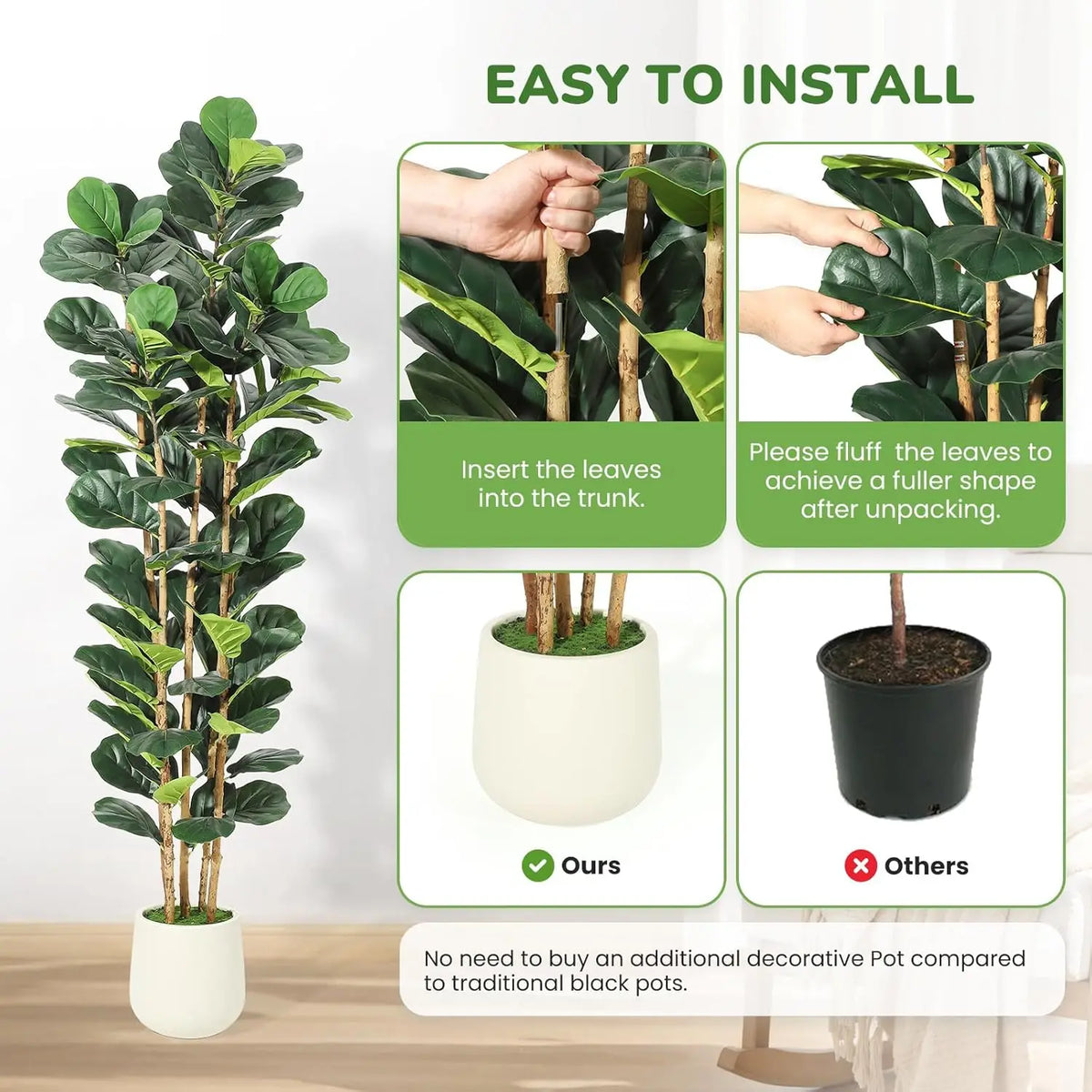 HiMISS Artificial Fiddle Leaf Fig Tree With Pot Faux Greenery