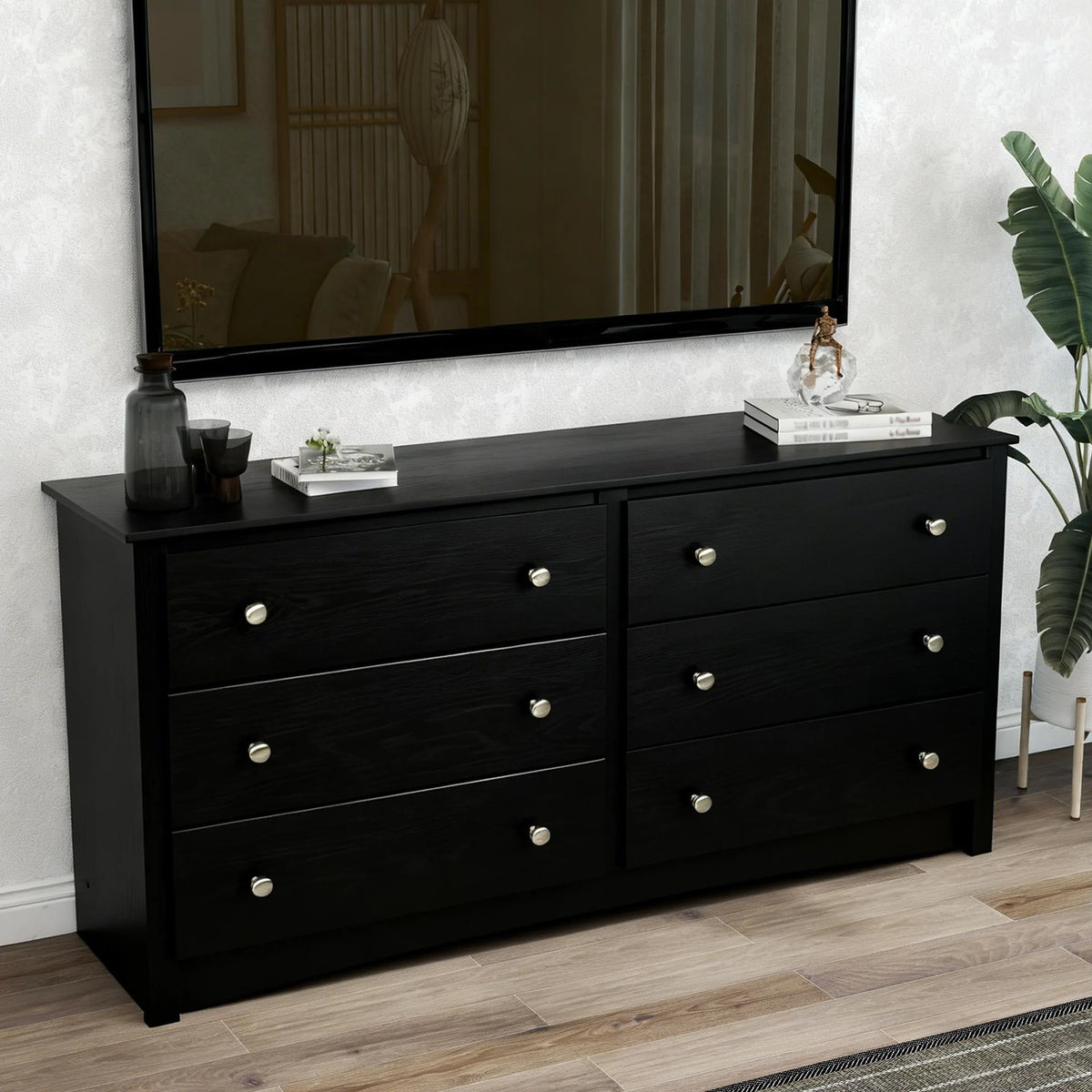 JHK 59IN Wood 6 Dresser Drawers Cabinet for Living Room Stable Structure Storage Wide Chest of Drawers Furniture For Bedroom