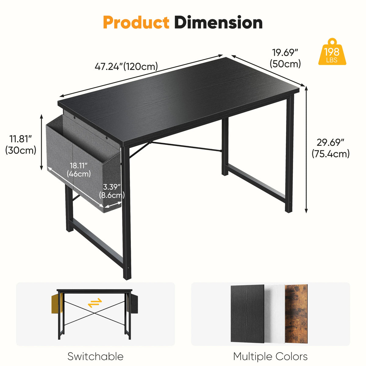 JHK Computer Desk With Storage Bag Metal Frame Wood Tabletop