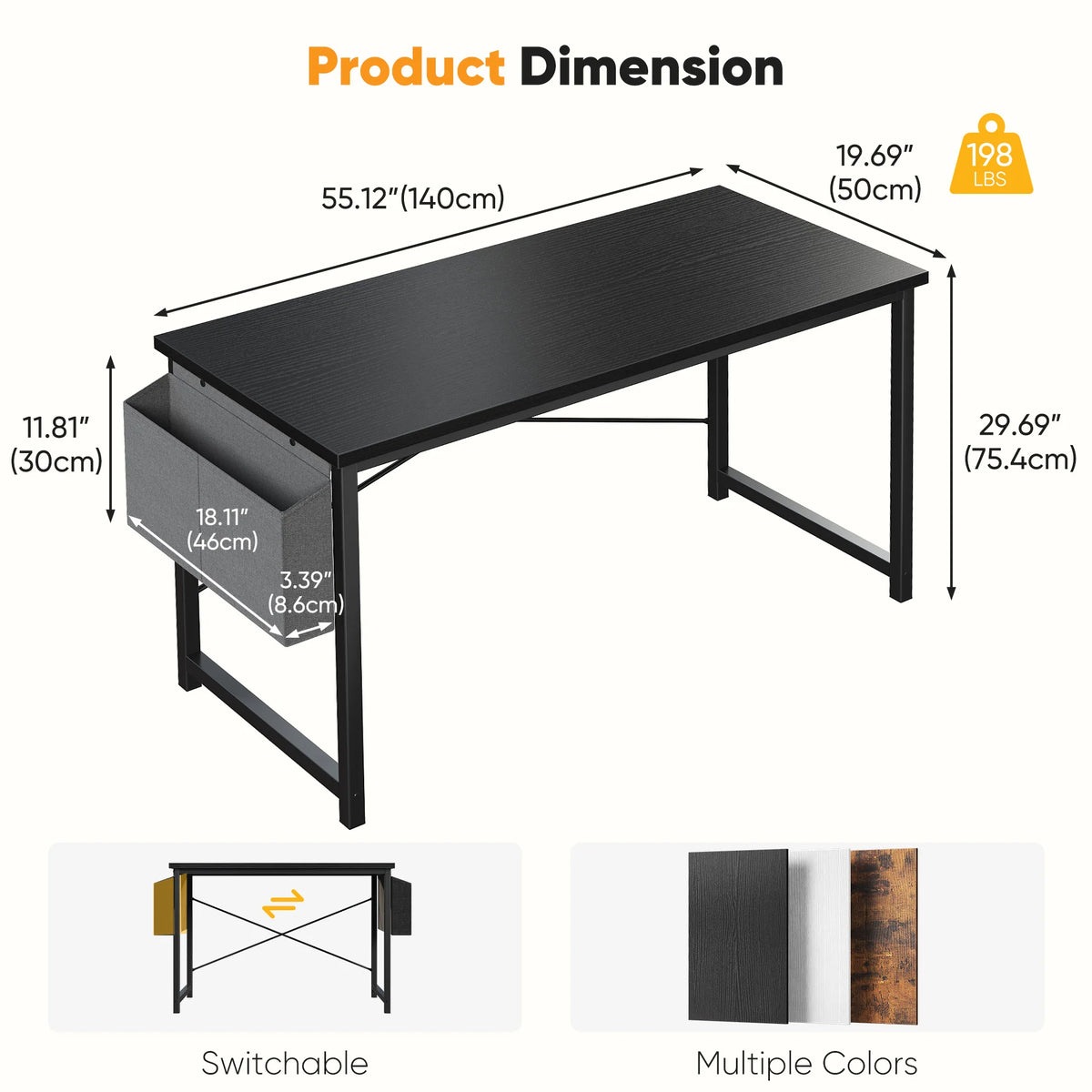 JHK Computer Desk With Storage Bag Metal Frame Wood Tabletop