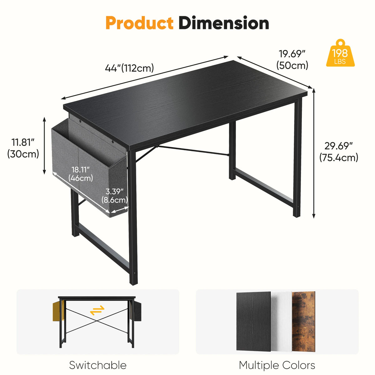 JHK Computer Desk With Storage Bag Metal Frame Wood Tabletop