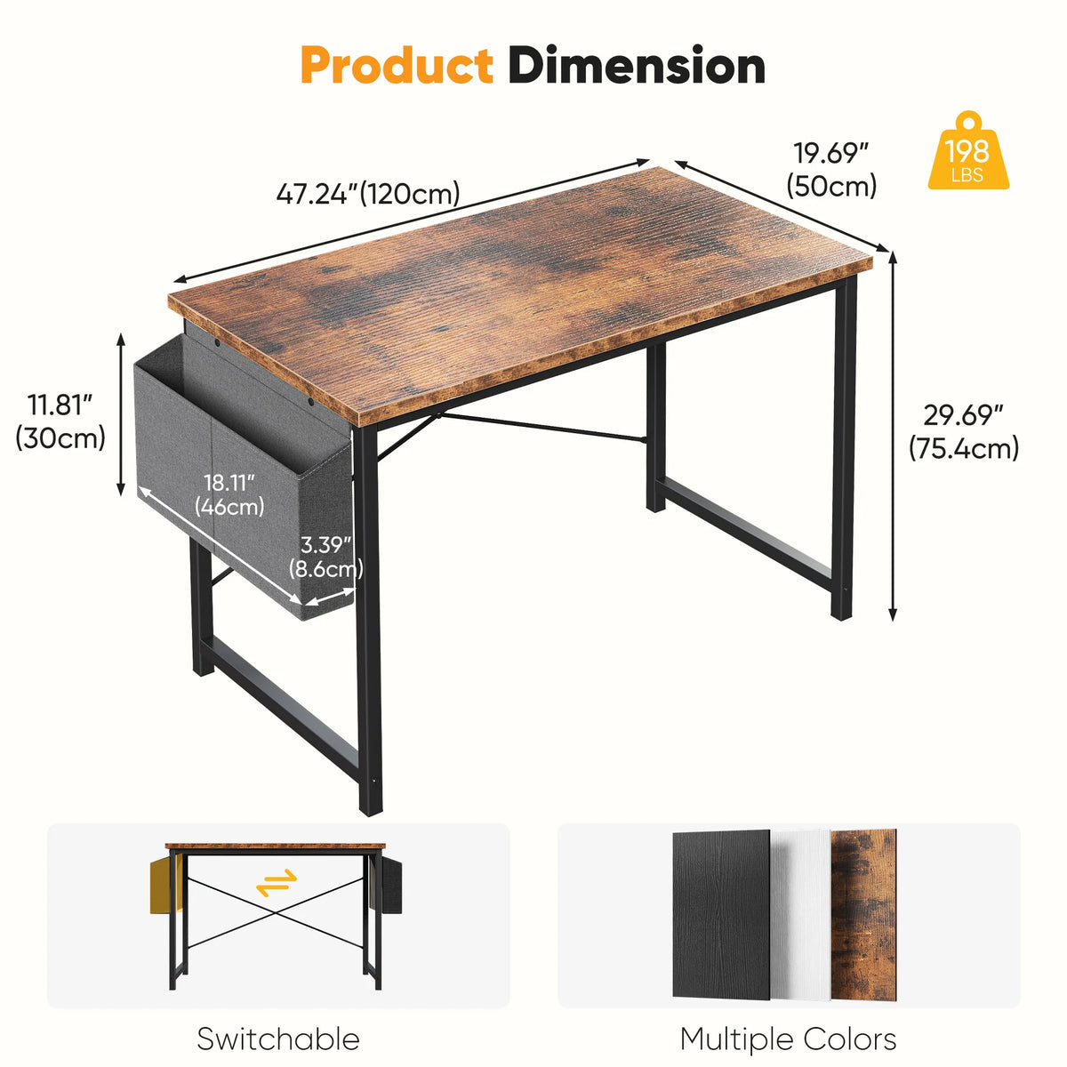 JHK Computer Desk With Storage Bag Metal Frame Wood Tabletop