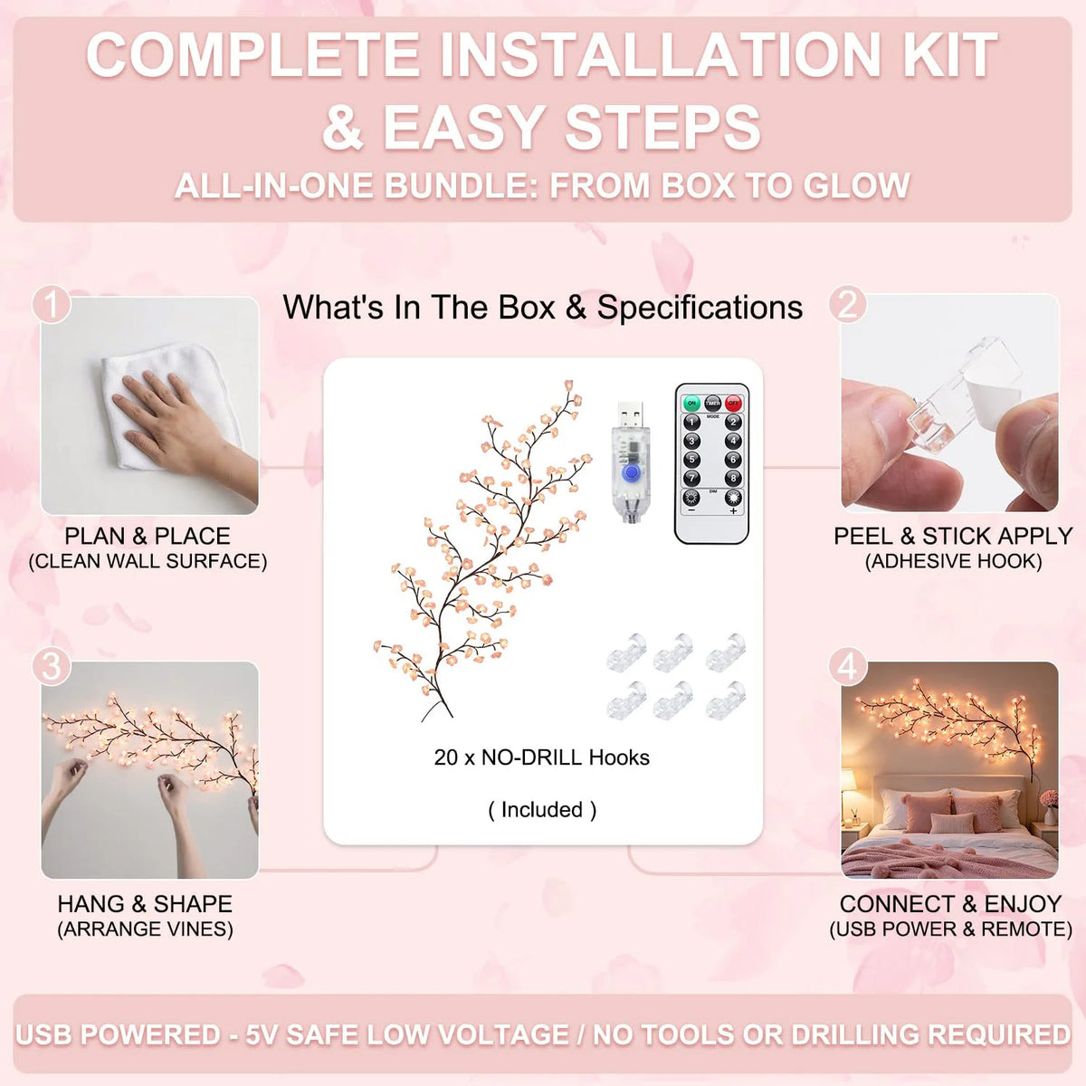 Cherry Blossom Vine Lights With Remote Timer For Room Decor