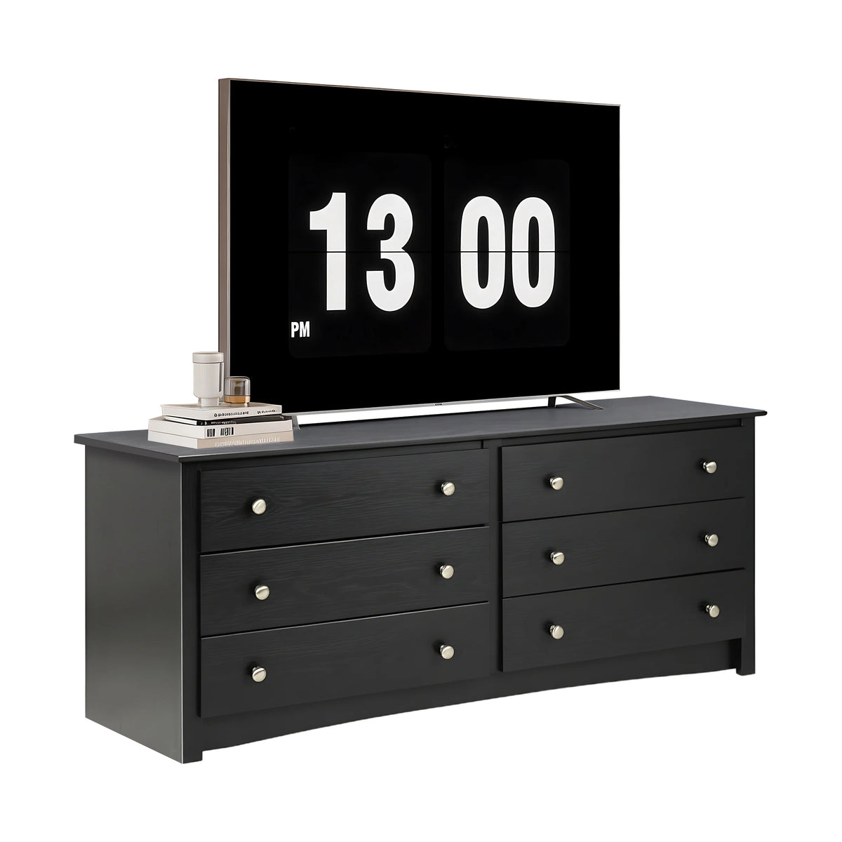 JHK 59IN Wood 6 Dresser Drawers Cabinet for Living Room Stable Structure Storage Wide Chest of Drawers Furniture For Bedroom
