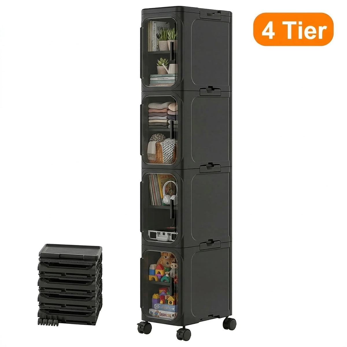 Slim 4-Tier Narrow Plastic Rolling Storage Cabinet With Flip Doors