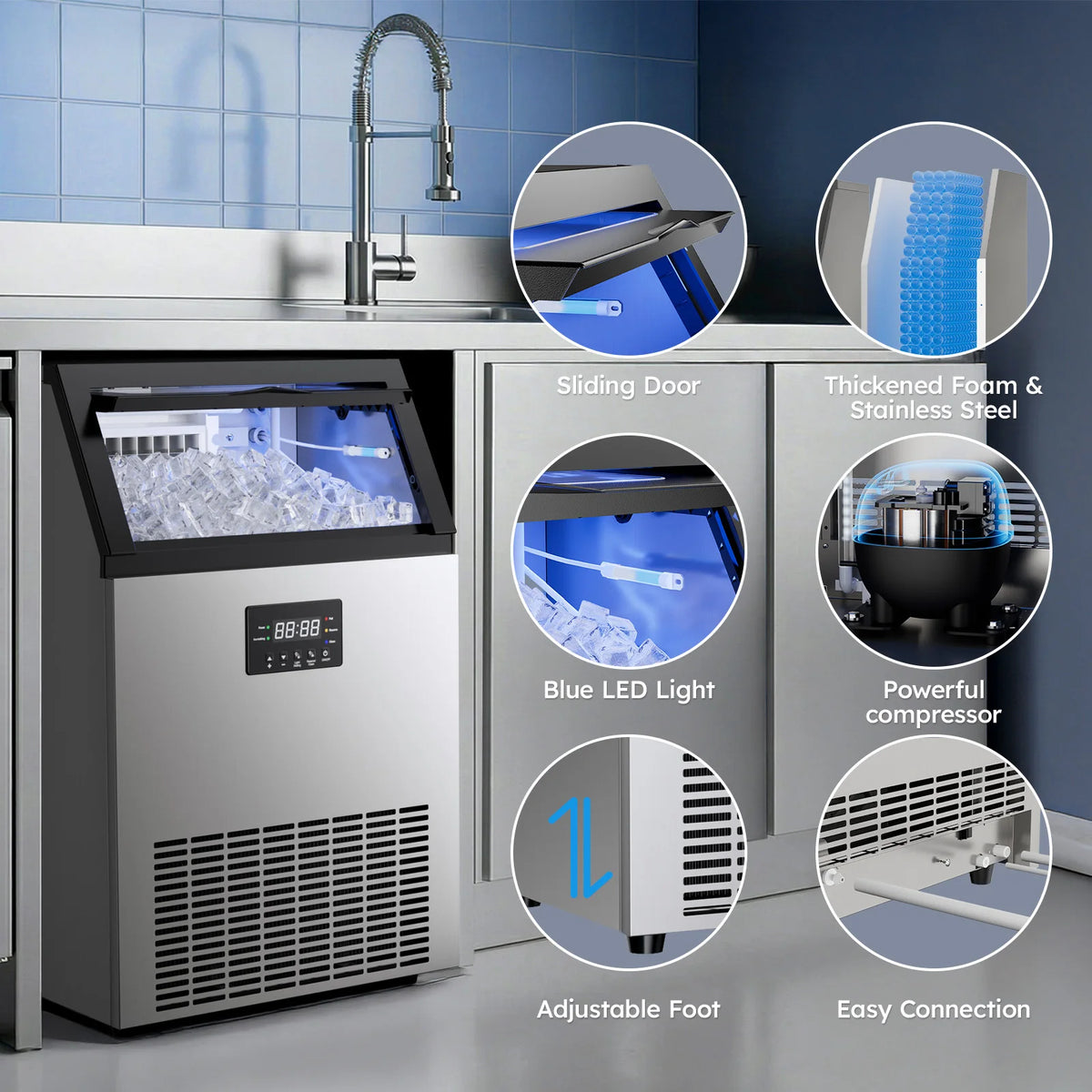 Commercial Ice Maker 150lb Under Counter With 50lb Storage Bin Self Cleaning