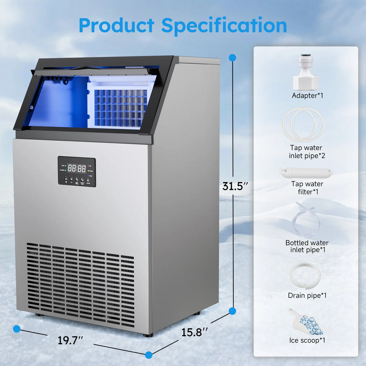 Commercial Ice Maker 150lb Under Counter With 50lb Storage Bin Self Cleaning