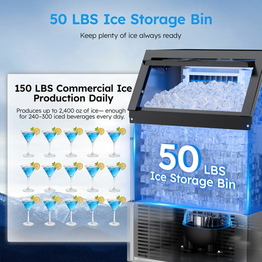 Commercial Ice Maker 150lb Under Counter With 50lb Storage Bin Self Cleaning