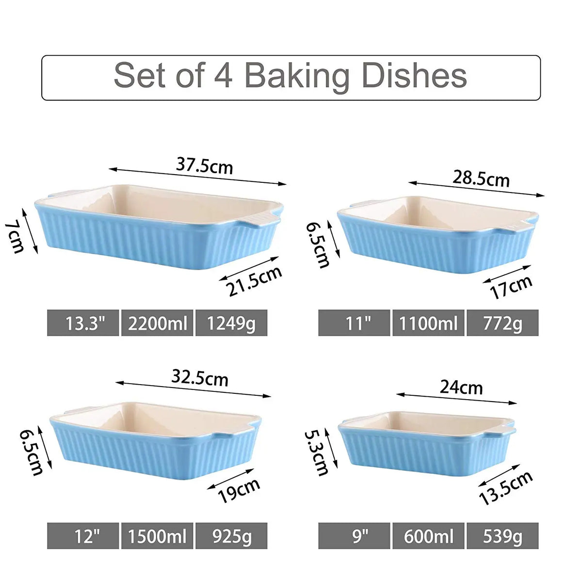 MALACASA 4 Piece Ceramic Bakeware Set With Handles For Lasagna Pie Casserole