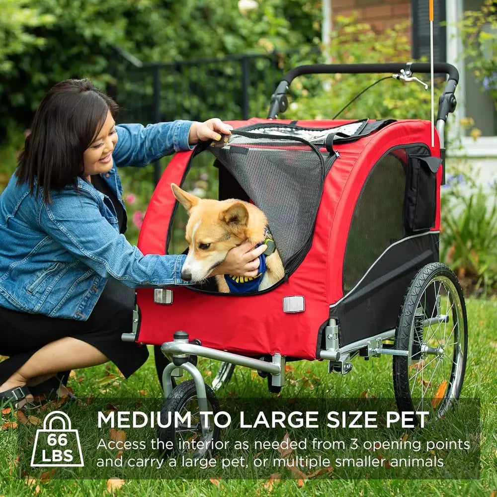 2-in-1 Dog Bike Trailer, Pet Stroller ycle Carrier w/Hitch, Suspension, Visibility lag and Relect, 66lb Weight acity