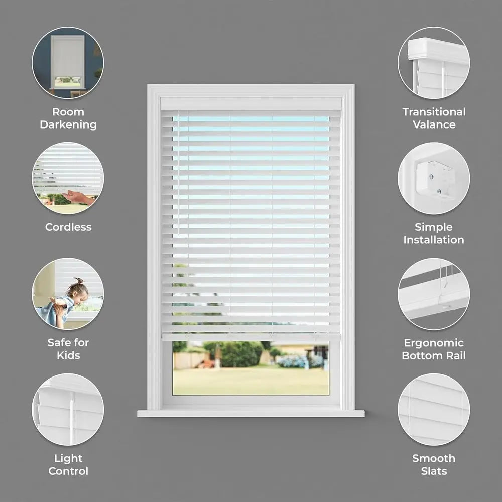 2.5 Wider Slat White Wood Blinds, 69.5 Wide x 72 Long, Customizable Sizes, Cordless Option