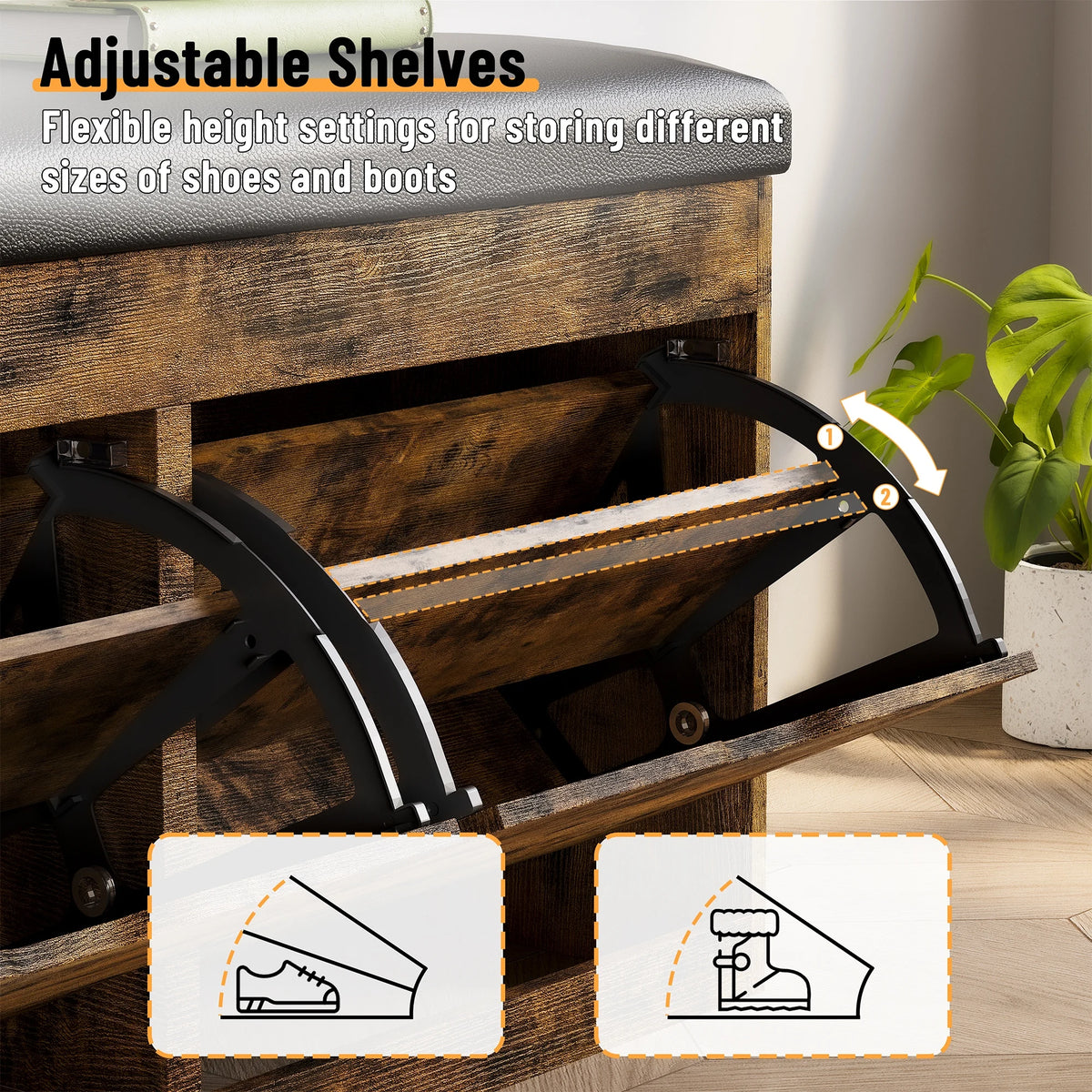 Shoe Storage Bench with Lift Top, 2 Flip Drawers & Padded Seat Cushion - Entryway, Hallway, Living Room Shoe Organizer Cabinet