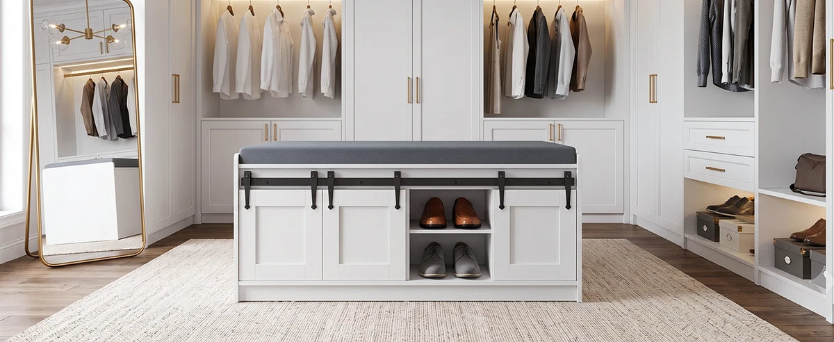 TinyNest Shoe Storage Bench With Linen Cushion Entryway Cabinet