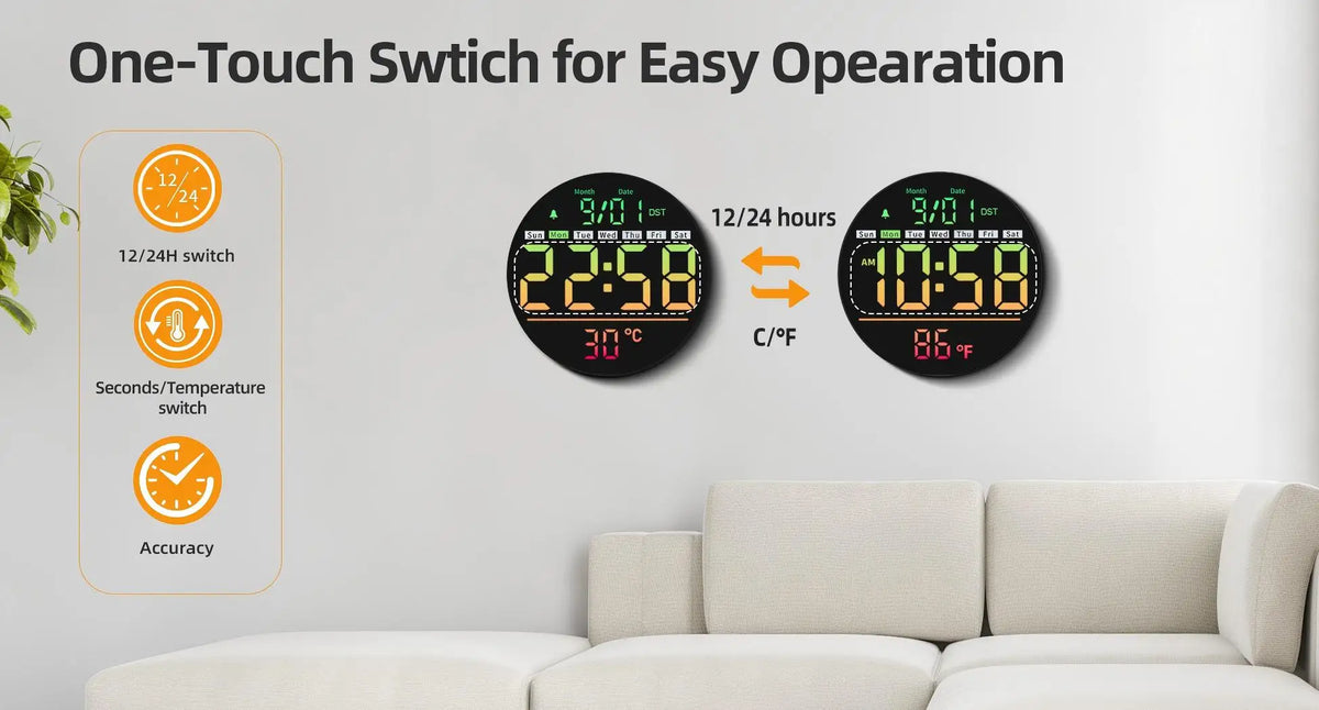LED Wall Clock With Timer Temperature Date Night Light Alarm