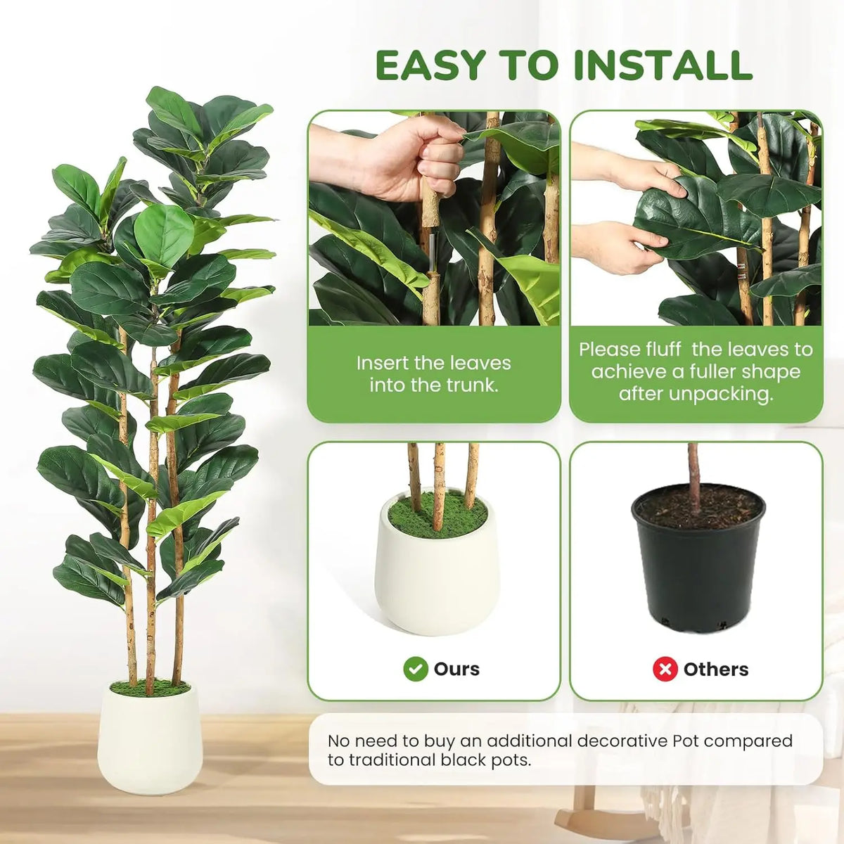 HiMISS Artificial Fiddle Leaf Fig Tree With Pot Faux Greenery