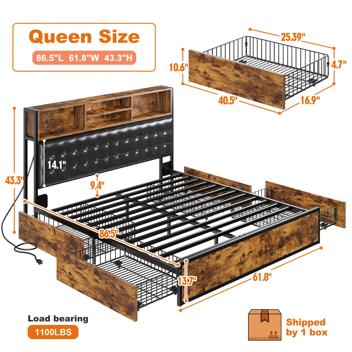 EnHomee Upholstered Platform Bed Frame With Charging Station And Storage Drawers