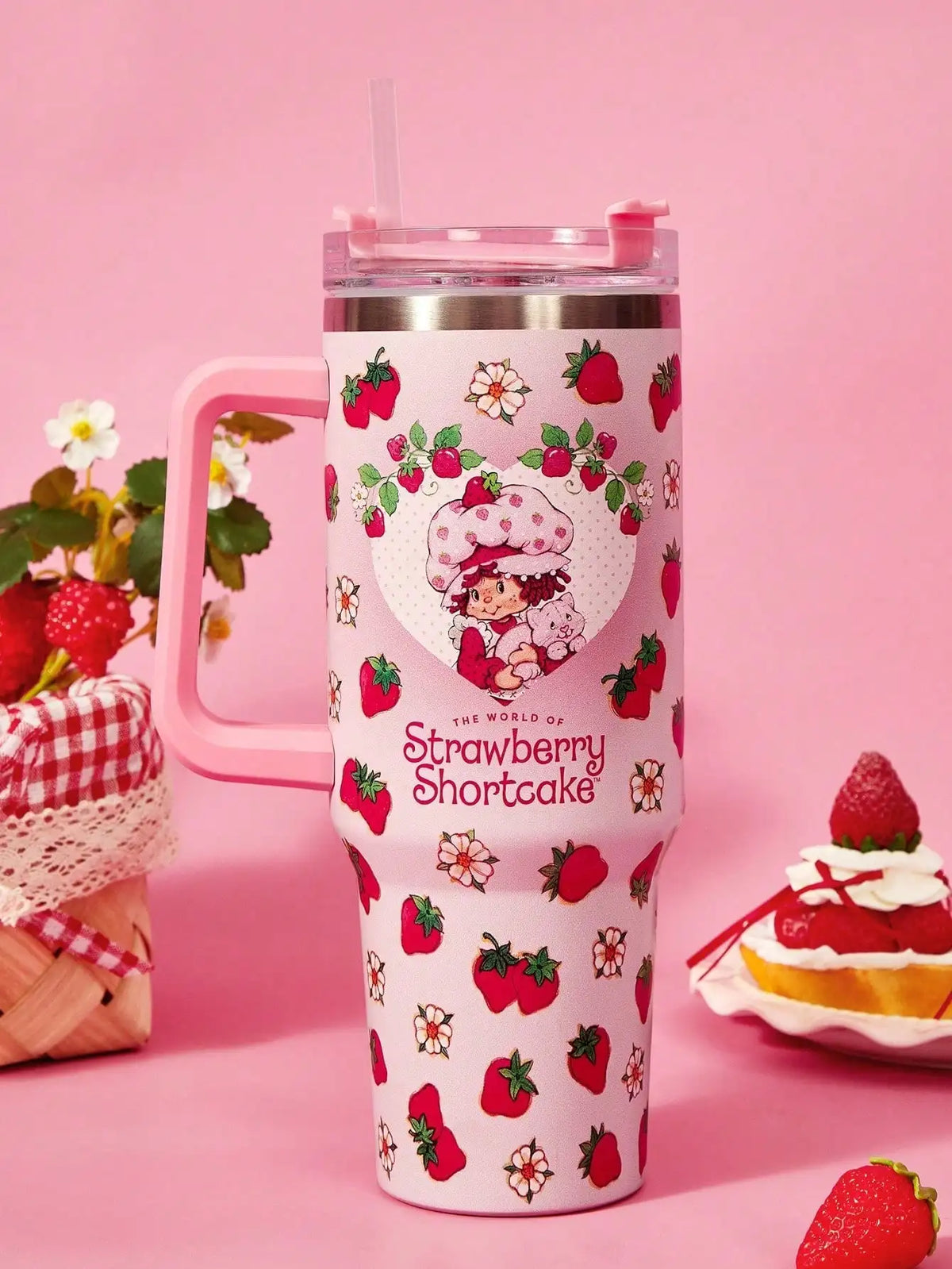 Strawberry Shortcake X POKOJA LAND 40oz Stainless Steel Tumbler Water Bottle/Coffee Cup With Handle And Straw, Leakproof, Insulated (Keeps Drinks Hot Or Cold)