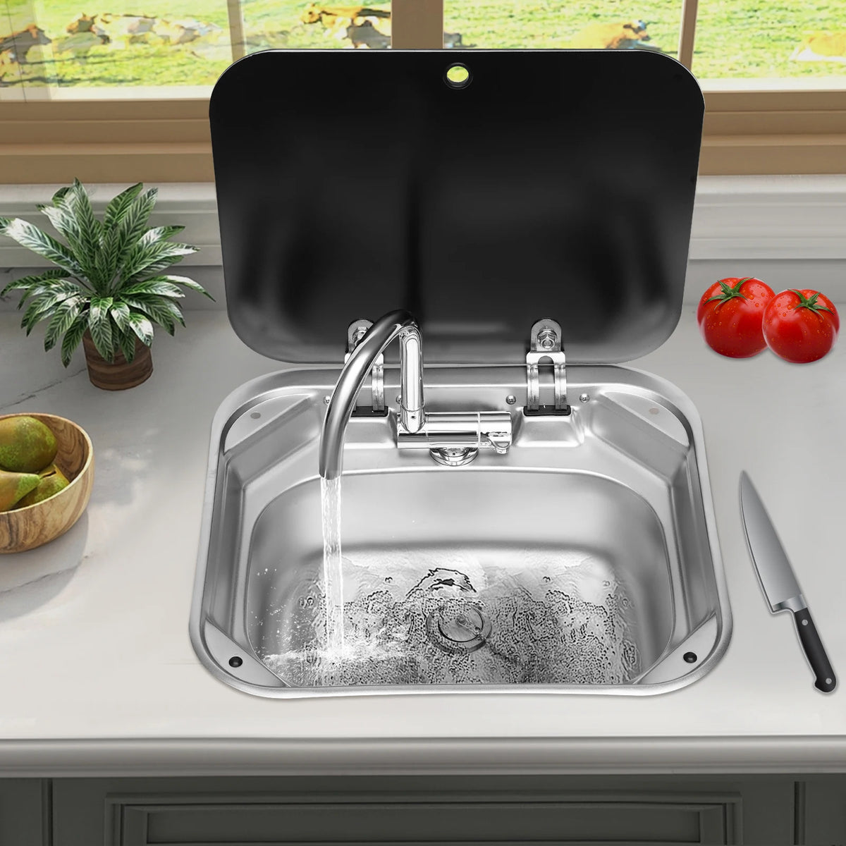 RV Sink With Foldable Tempered Glass Cover And Faucet Stainless Steel Camper Van