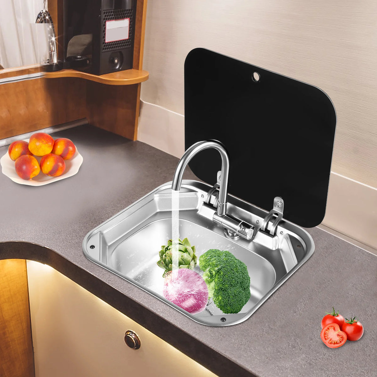 RV Sink With Foldable Tempered Glass Cover And Faucet Stainless Steel Camper Van