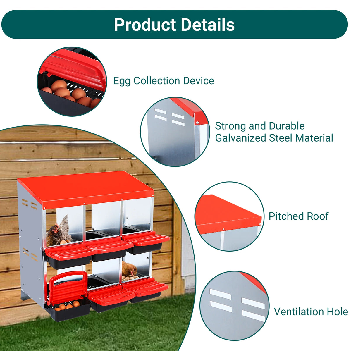 HiMISS Metal Hen Nesting Box With Roll Out Egg Collection Multi Compartment Chicken Coop