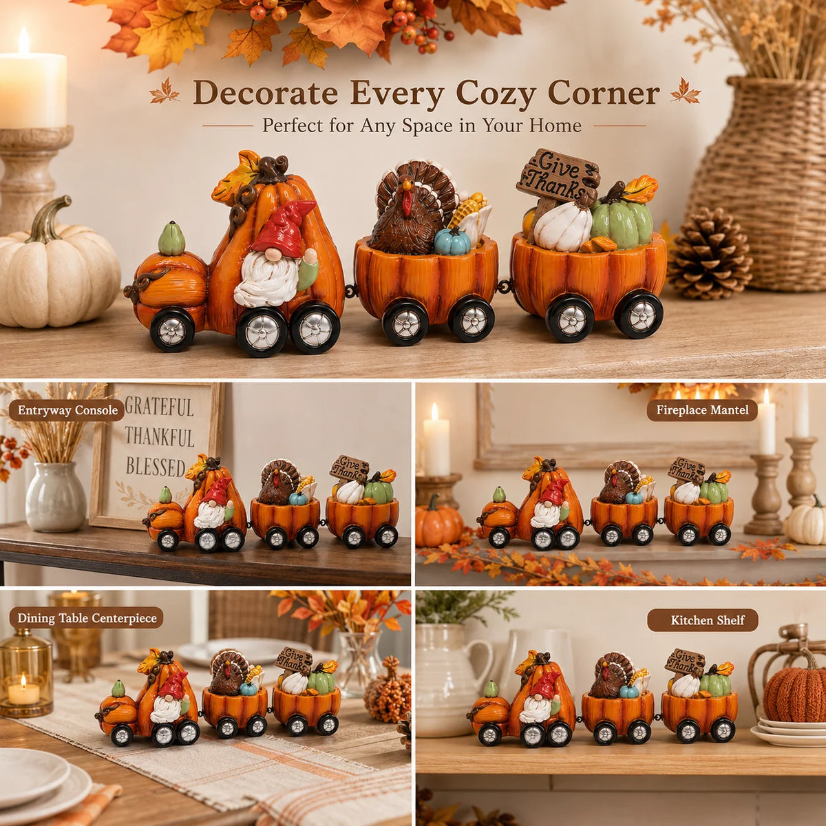Hodao Resin Thanksgiving Pumpkin Train Figurine With Gnome And Turkey